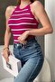 Women's Striped Stretchy Knitwear Fabric Ruffled Sleeveless Design Basic Blouse 0298 - 4