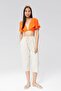 Women's Beige Relaxed Cut Cotton Capri - Linen, High Waist, Slit Monaha