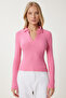 Women's Pink Polo Neck Ribbed Knitted Blouse GT00111 - 4