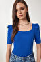 Women's Dark Blue Square Neck Ribbed Crop Blouse GT00007