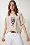 Women's Cream Teddy Bear Embroidered Cotton Oversize Knitted T-Shirt Cr00461 - 2