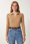 Women's Biscuit Dark Blue 2-Piece Polo Neck Ribbed Knitted Blouse Gt00232 - 2