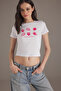 Beyaz Çilek Baskılı Fitted/Vücuda Oturan Baskılı Örme T-Shirt TWOSS25TS00082 - 6