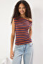 Brown Navy Blue Striped Boat Neck Fitted Soft Fabric Stretchy Knitted Blouse Twoss24Bz00090 - 2