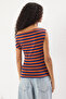 Brown Navy Blue Striped Boat Neck Fitted Soft Fabric Stretchy Knitted Blouse Twoss24Bz00090 - 4