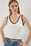 Ekru Crop V Yaka Renk Bloklu İnce Triko Bluz TWOSS25BZ00299 - 3