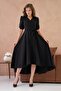 Flexible Crepe Fabric Double Breasted Collar Belt Detailed Wraped Flared Cut Midi Length Black Evening Dress 410
