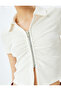 Zipper Detailed Slim Fit Draped Short Sleeve Crop T-Shirt - 5