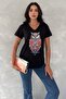 Women's Black V-Neck Owl Sequin Embroidered 100% Cotton T-Shirt - 4