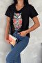 Women's Black V-Neck Owl Sequin Embroidered 100% Cotton T-Shirt - 2