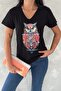 Women's Black V-Neck Owl Sequin Embroidered 100% Cotton T-Shirt - 3
