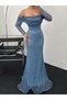 Blue Boat Neck Stone Evening Dress - 2