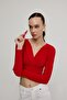 Women's Red V-Neck Long Sleeve Cropped Blouse