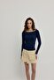 Women's Navy Blue Wide Collar Long Sleeve T-Shirt - 4