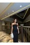Black Plush Feather Detail Black Dress Slit Evening Dress - 2
