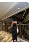 Black Plush Feather Detail Black Dress Slit Evening Dress - 4