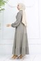 Stoned Buttoned Judge Collar Hijab Dress Khaki 2268 - 5