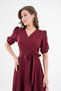 Women's Flexible Atlas Fabric Sash Detailed Asymmetrical Cut Double Breasted Neckline Burgundy Evening Dress 410 - 6