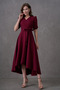 Women's Flexible Atlas Fabric Belted Asymmetrical Cut Midi Length Double Breasted Collar Burgundy Flared Dress 410 - 4