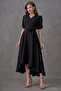 Women's Flexible Atlas Fabric Belted Asymmetric Cut Midi Length Double Breasted Collar Black Flared Dress 410
