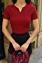Women's V-Neck Burgundy Knitwear Blouse - 4