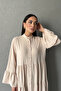 Long Woven Beige Dress with Buttoned Collar - 4
