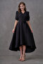 Women's Flexible Atlas Fabric Belted Asymmetric Cut Midi Length Double Breasted Collar Black Flared Dress 410 - 7