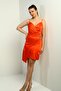 Women's Rope Strap Double Breasted Neckline Draped Waist Tassel Satin Short Dress - 3