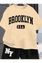 Boy's Beige-Black Brooklyn Printed Combed Cotton T-Shirt Shorts Set - 3