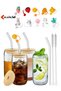4 Heat-Resistant Cups with Wooden Lids (4 Straw Covers, 4 Glass Straws, and 2 Cleaning Brushes)