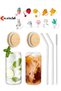 2 Heat-Resistant Glass Cups with Straws, Wooden Lids with Valves, Coffee Juice Cups and 1 Brush