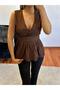 Brown Skirt, Valon, Belted Waist, Double Breasted Poplin Blouse - 3