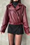 Oversize Women's Belted Claret Red Leather Jacket - 3