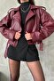 Oversize Women's Belted Claret Red Leather Jacket - 2