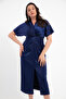 Women's Navy Blue Slim Fit Knot Detailed Midi Plus Size Satin Dress - 3