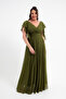 Women's Khaki V Neck Short Sleeve Plus Size Long Evening Dress - 2