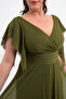 Women's Khaki V Neck Short Sleeve Plus Size Long Evening Dress - 3