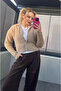 Camel Cardigan with Silver Stone Buttons and Collar Detail - 4