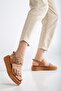 Women's Genuine Leather Buckle High Sole Sandals - Tan - 2