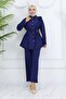 Ruffle Detailed Belted Double Suit Navy Blue 4781 - 4
