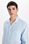 Men's Relax Fit Comfortable Cut Oversized 100% Cotton Linen Texture Apaş Collar Blue Shirt - 2