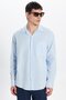 Men's Relax Fit Comfortable Cut Oversized 100% Cotton Linen Texture Apaş Collar Blue Shirt