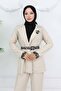Leopard Patterned Belted Jacket Trousers Set Stone Color 4718 - 2