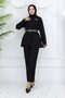 Leopard Patterned Belted Jacket Trousers Set Black 4718