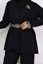Leopard Patterned Belted Jacket Trousers Set Black 4718 - 3