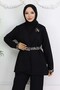 Leopard Patterned Belted Jacket Trousers Set Black 4718 - 2