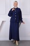 Navy Blue Sleeve Gathered Jacket Skirt Suit - 2