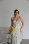 Yellow Floral Patterned Rope Strap Ruffle Detailed V-Neck Lined Maxi Long Length Premium Dress - 3