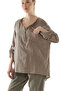 Women's Brown Pocket Sleeve and Back Mesh Detailed Foldable Sleeve Cotton Linen Blouse - 2