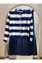 Women's Knitwear Cardigan Pleated Skirt Navy Blue Set Women's Short Striped Cardigan and Skirt Set - 6